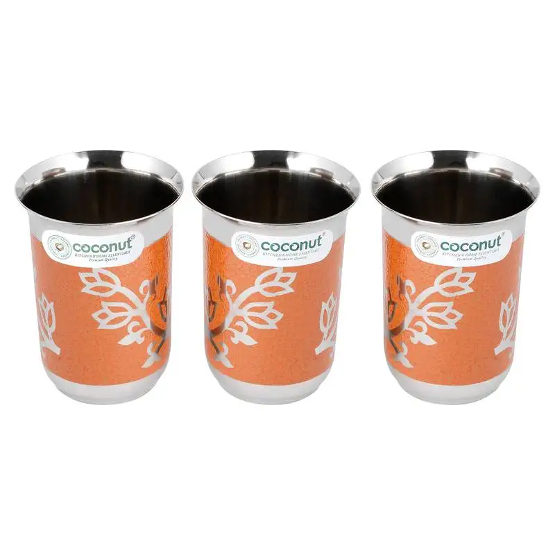 Coconut stainless steel orange saiba water glass set of 3 - diameter 8 cm - capacity - 250ml each glass