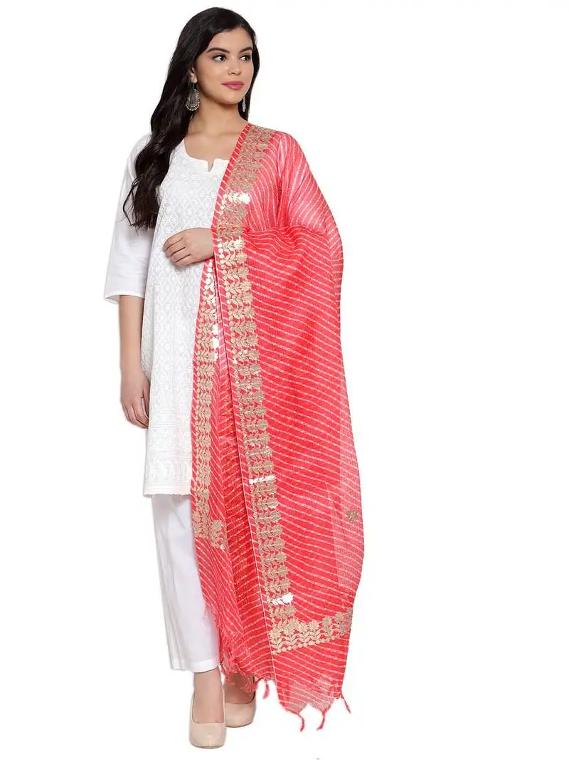 Peach cotton doriya gota patti work dupatta