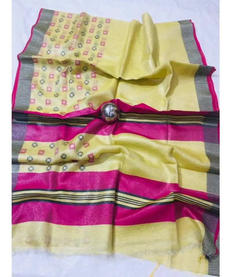 Yellow handcrafted tissue linen saree with jacquard woven design