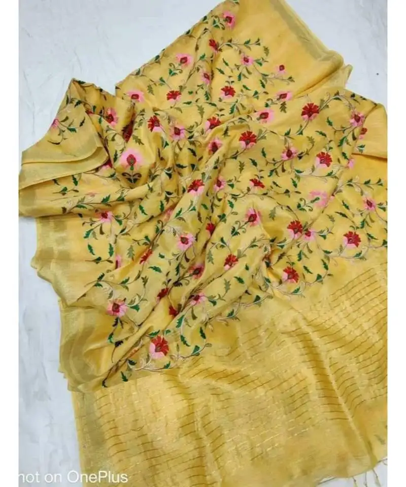 Handwoven silk linen saree with floral embroidery work
