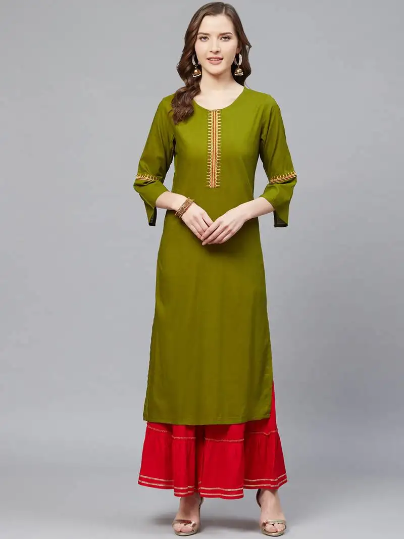 Women's rayon slub straight kurta (olive green)