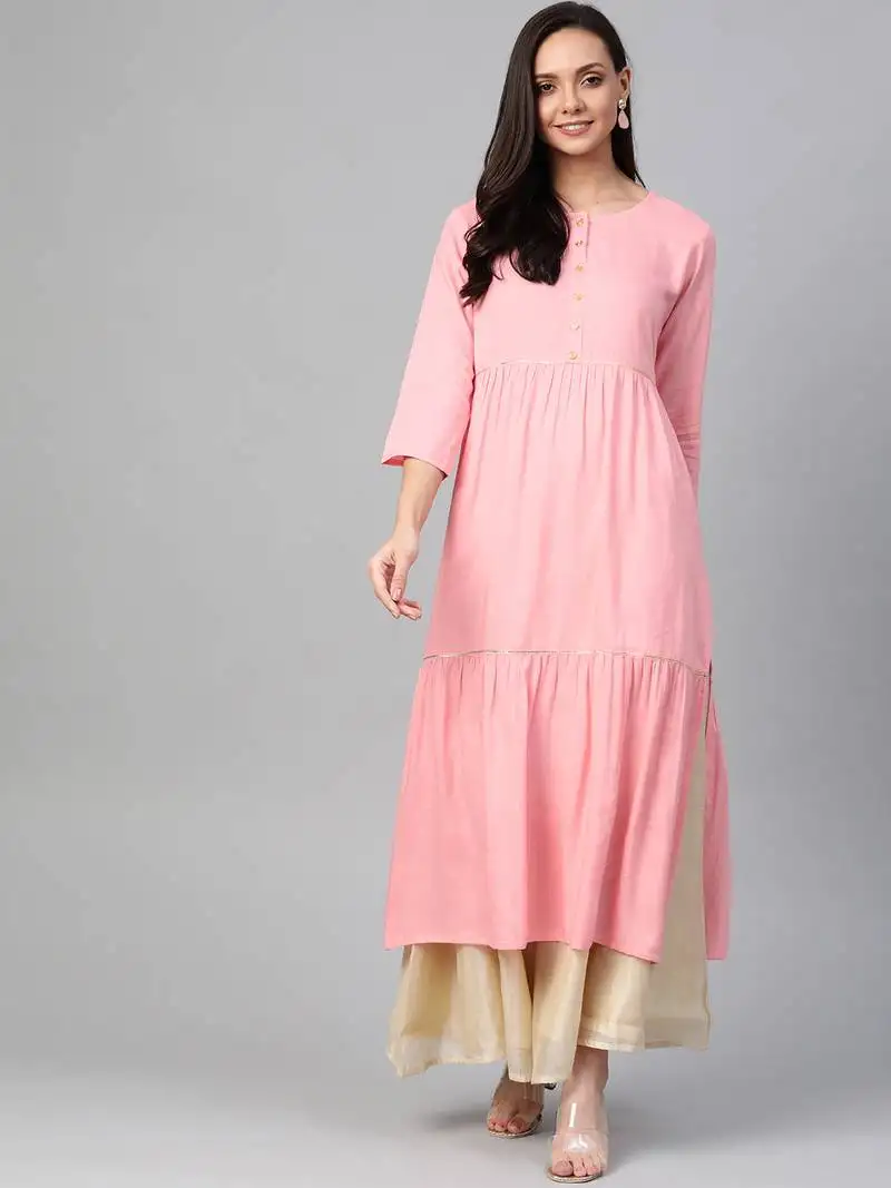 Women's rayon slub tiered kurta (pink)