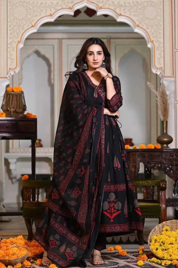 Black cotton floral block print angrakha style anarkali kurti pant dupatta set stitched