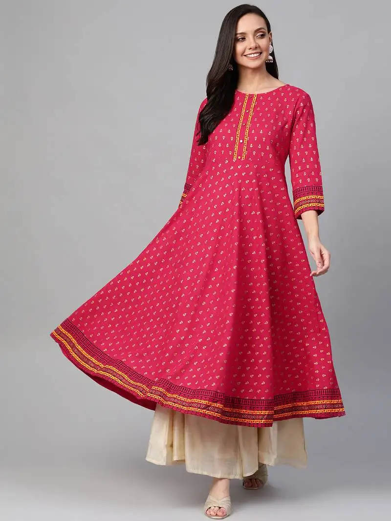 Women's cotton slub gold printed anarkali kurta