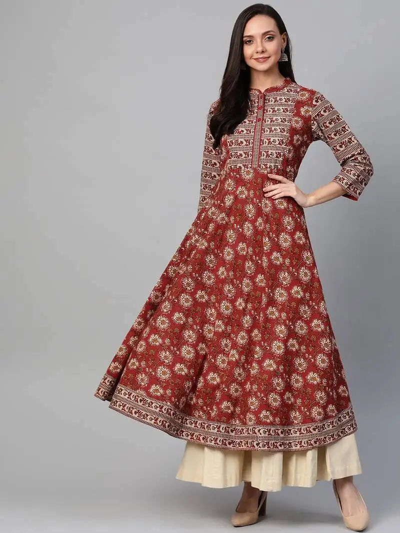 Women's cotton floral printed yoke design anarkali kurta