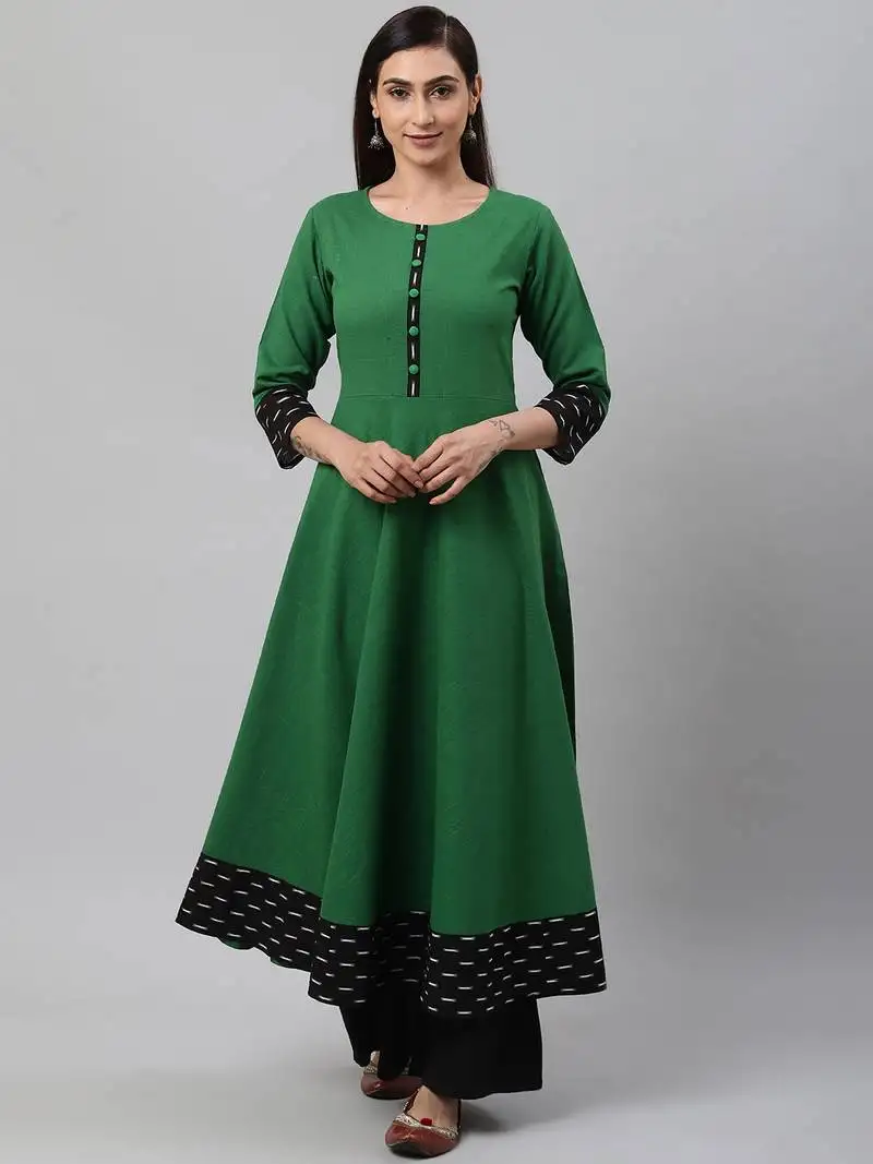 Women's cotton slub green anarkali kurta