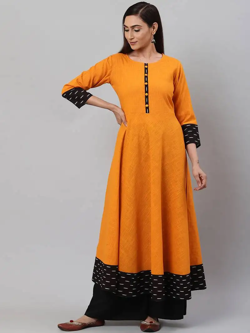 Women's cotton slub mustard anarkali kurta