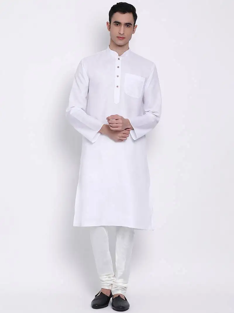 Men white solid cotton straight kurta with pyjama