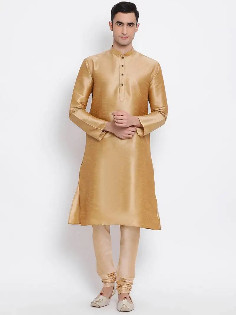 Men deep beige solid straight kurta with pyjama