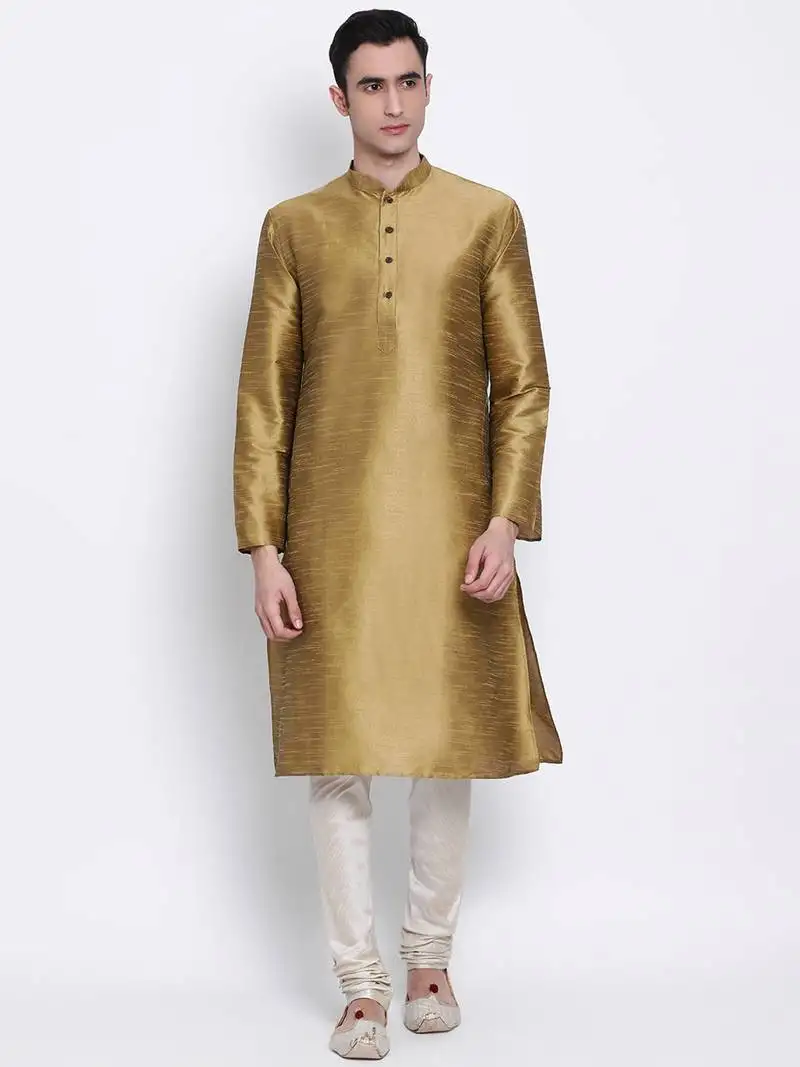 Men mehendi & cream solid straight kurta with pyjama