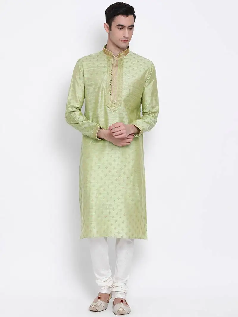 Men light green & off white woven design straight kurta with pyjama