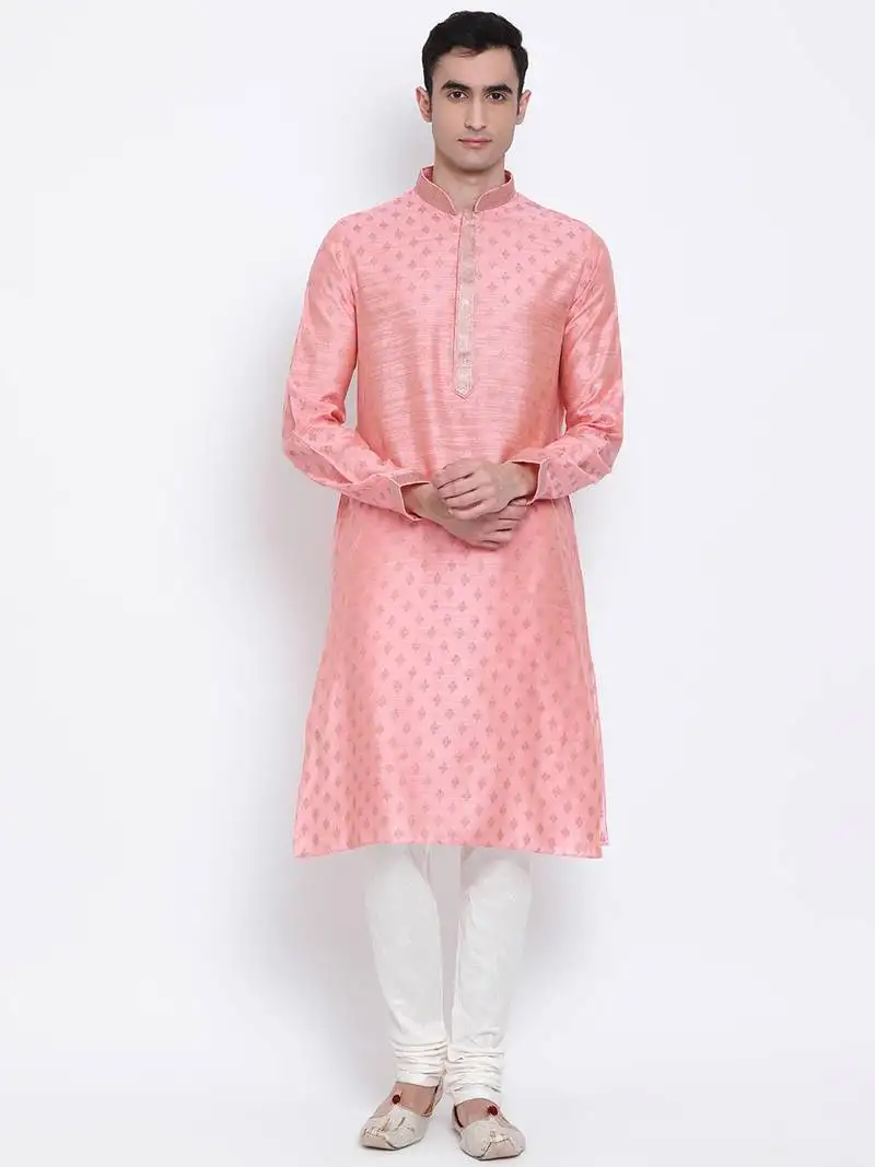 Men pink & off white woven design straight kurta with pyjama