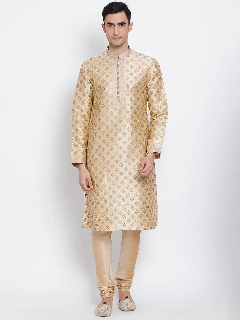 Men deep beige woven design straight kurta with pyjama
