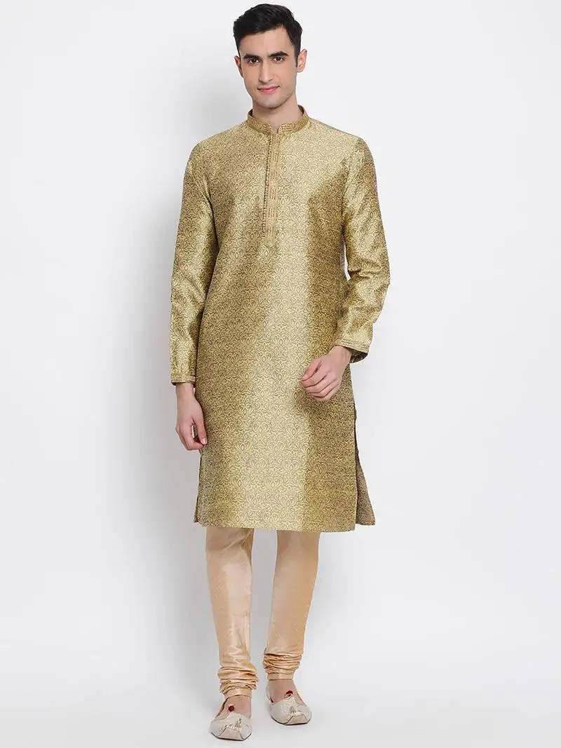 Men gold & beige woven design straight kurta with pyjama