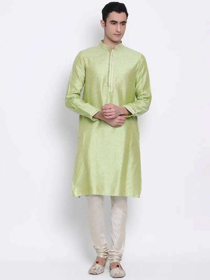 Men light green woven design straight kurta with pyjama