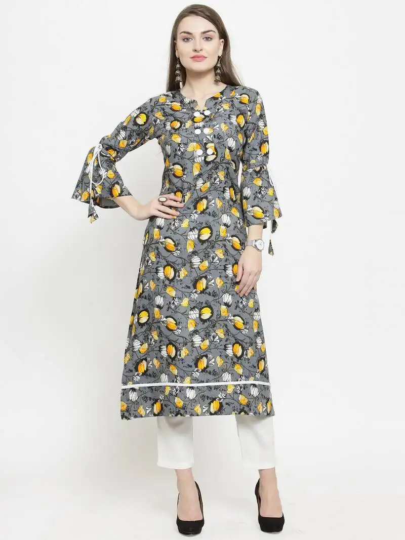 Indibelle grey rayon flower print straight kurta with ankle length trouser