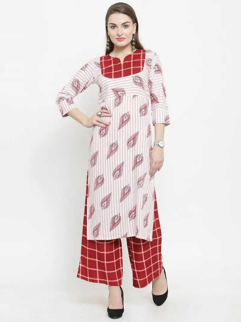 Indibelle maroon rayon printed straight kurta with palazzos