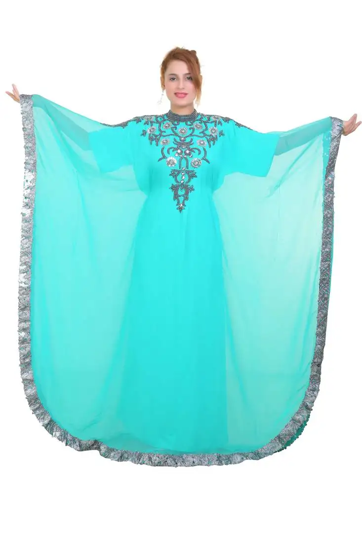 Sea green zari stone work georgette islamic style beads embedded partywear kaftan long gown evening wear dubai kaftan