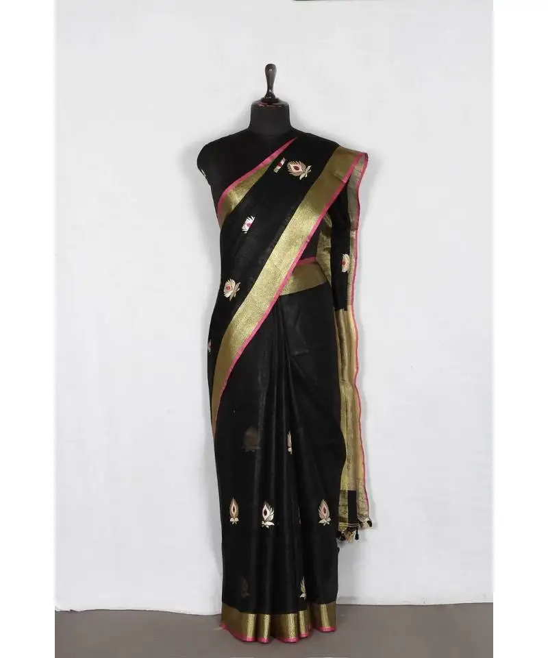 Black handloom pure linen saree with embroidery work