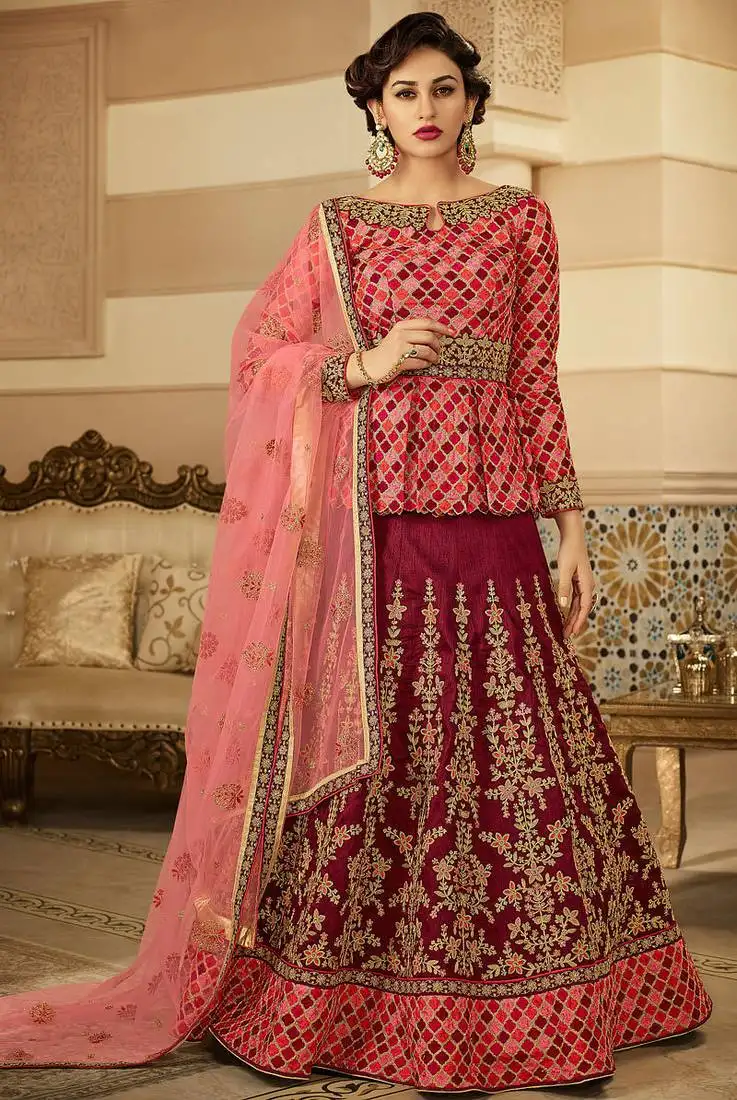 Maroon raw silk embroidered wedding wear designer anarkali suit semi stitched