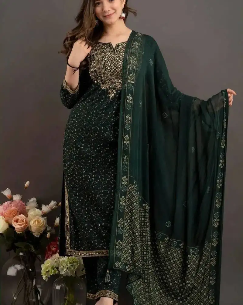 Green embroidered kurti pant set stitched