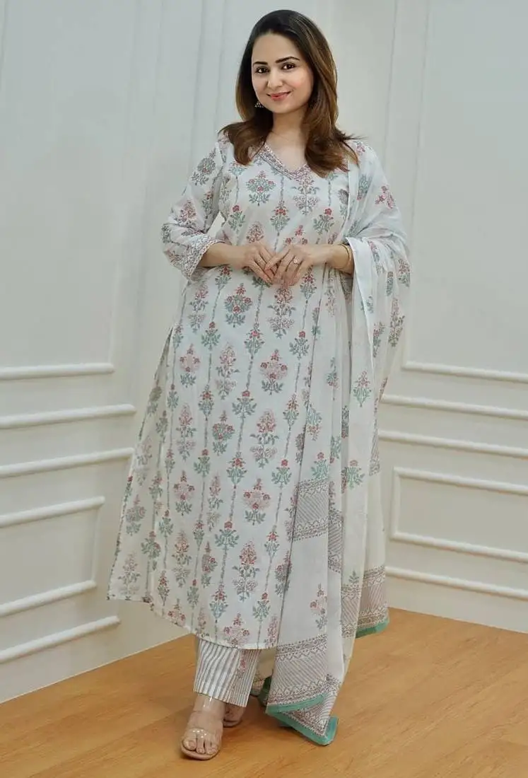 White floral block printed indian straight salwar kameez kurti pant set stitched