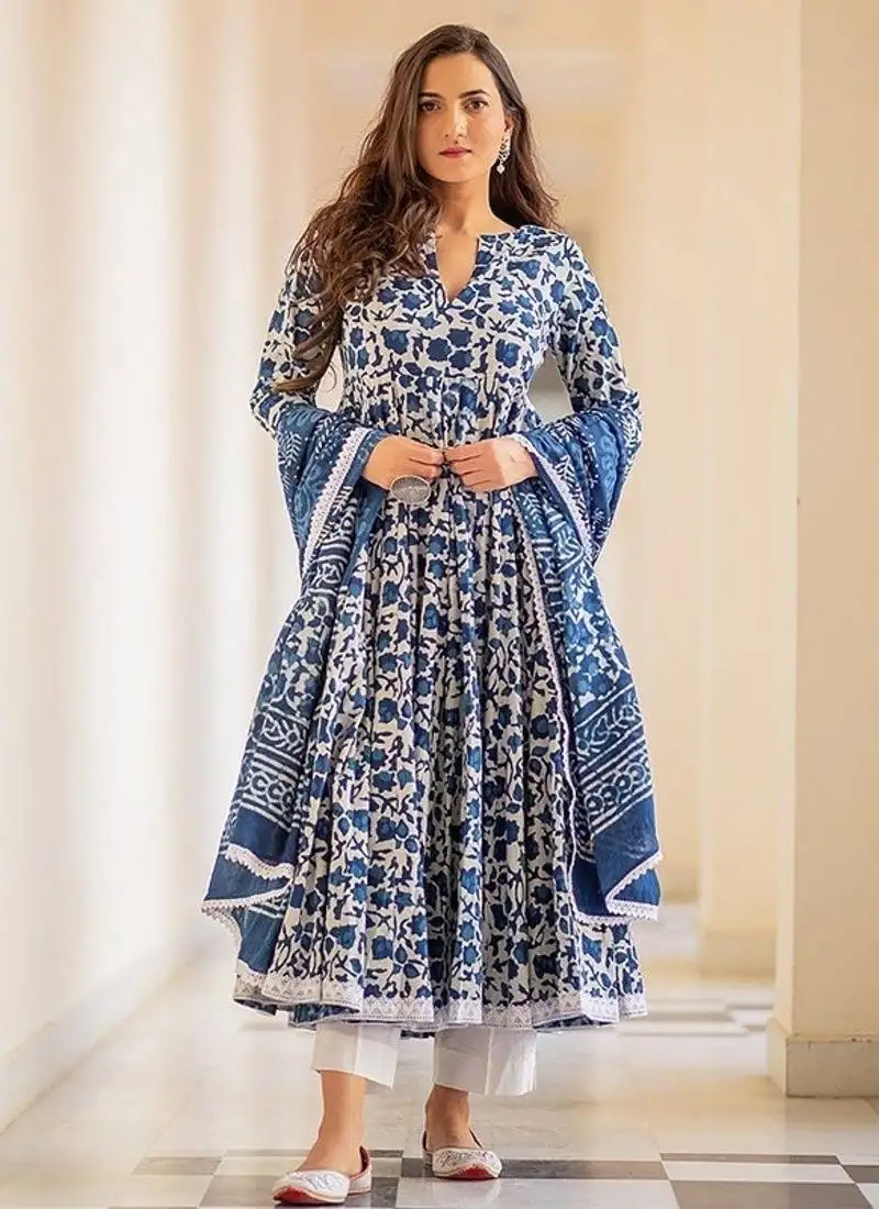 White blue floral printed anarkali kurti pant dupatta se stitched