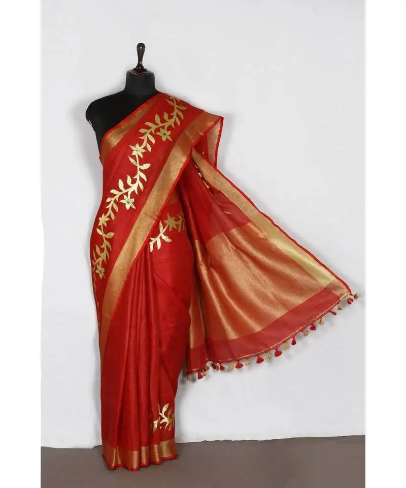 Red handloom pure linen saree with embroidery work