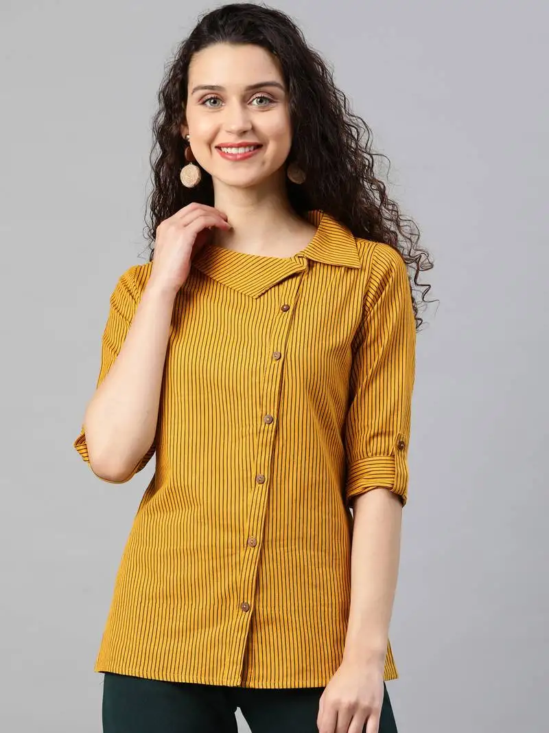 Women's mustard womens cotton flex printed shirt