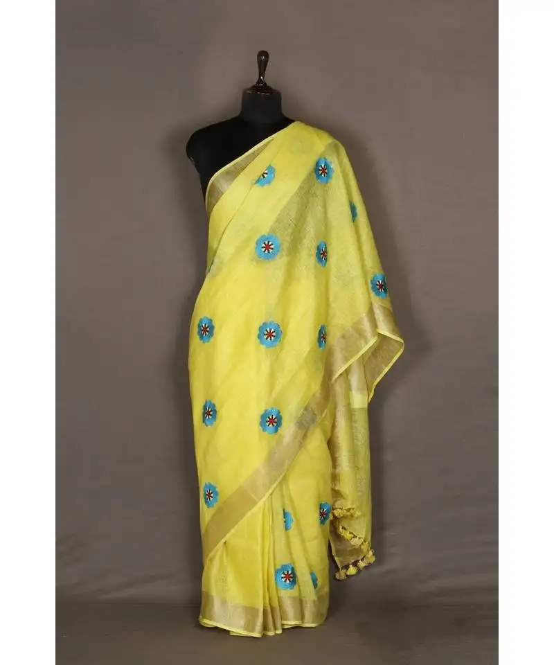 Yellow handloom pure linen saree with embroidery work