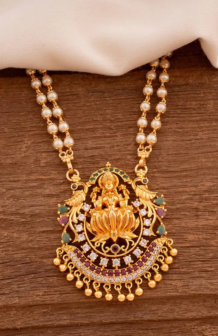 Off-white pearl long 2 line necklace with laxmi pendant one gram gold