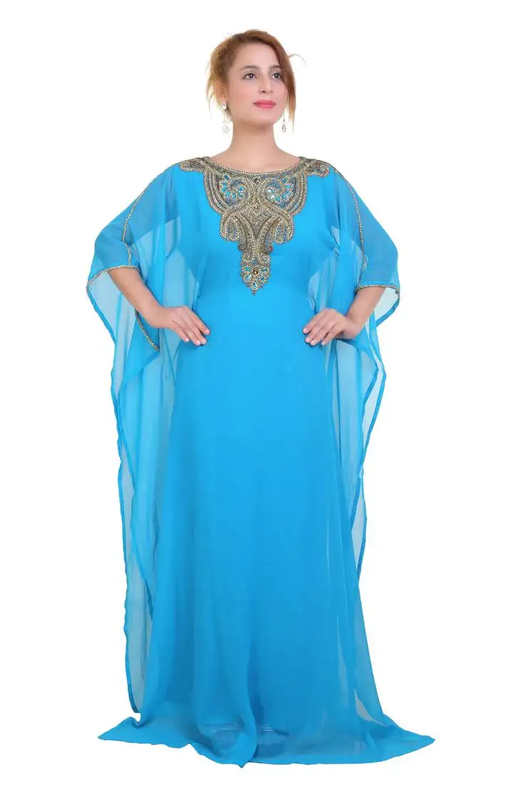 Blue::Ferozi zari stone work georgette islamic style beads embedded partywear kaftan long gown evening wear dubai kaftan
