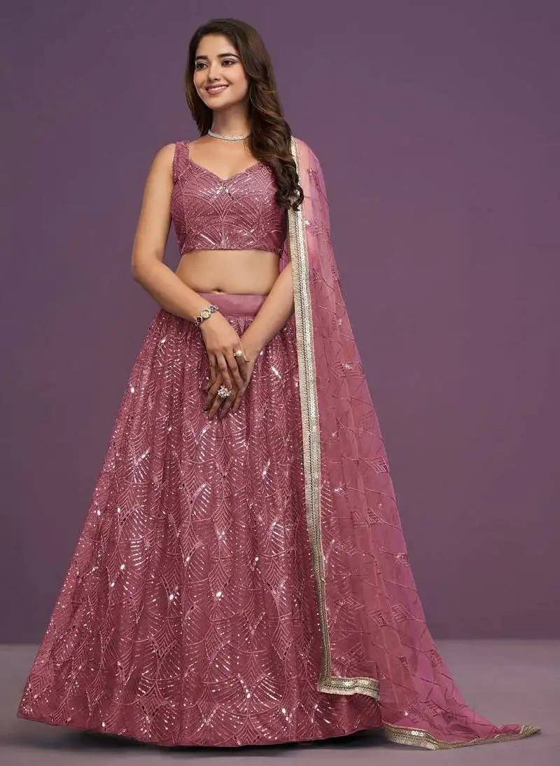 Pink net sequin embroidery work lehenga choli with dupatta