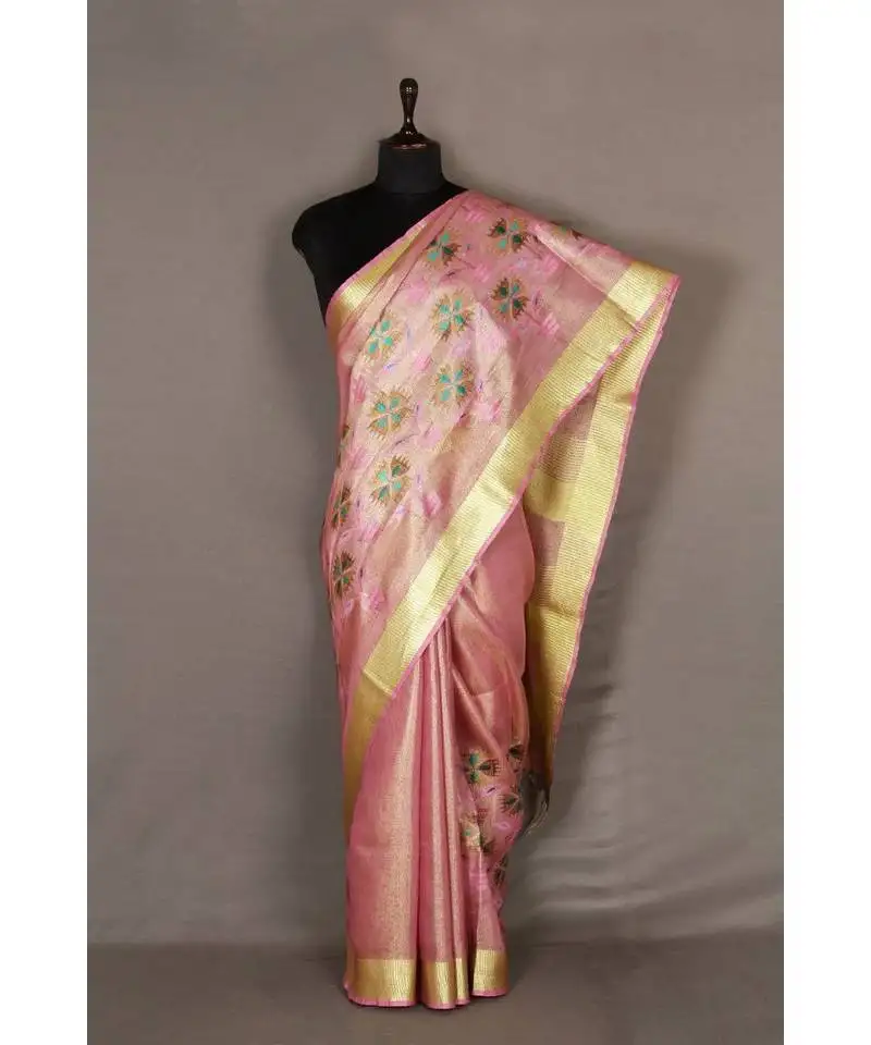 Pink handloom pure linen saree with embroidery work