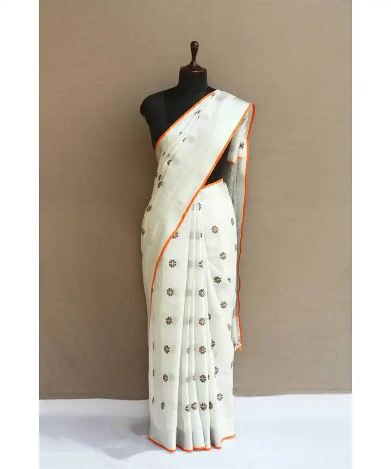 White handloom pure linen saree with embroidery work