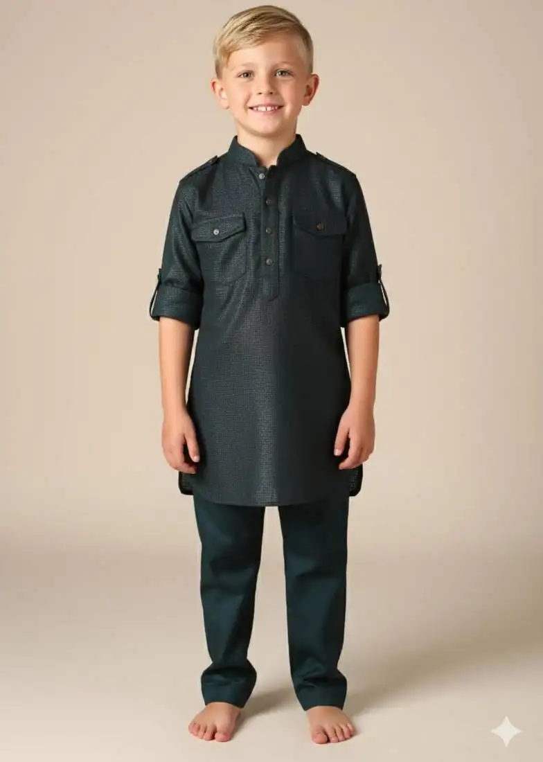 Green woven pathani set for boys