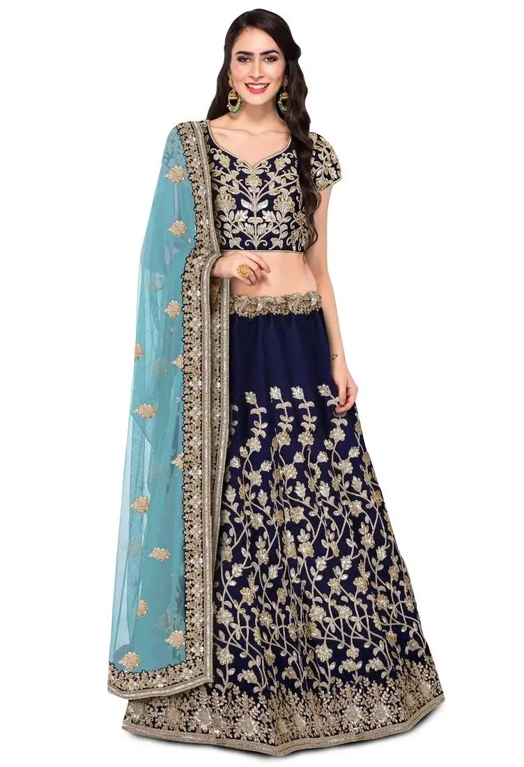 Navy blue dori badla and sequins embroidered silk bridal lehenga