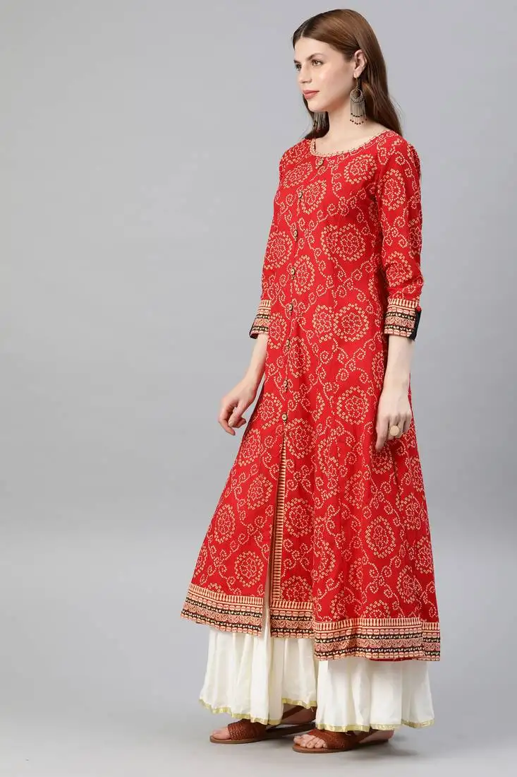 Womens cotton bandhej print anarkali kurta (red)