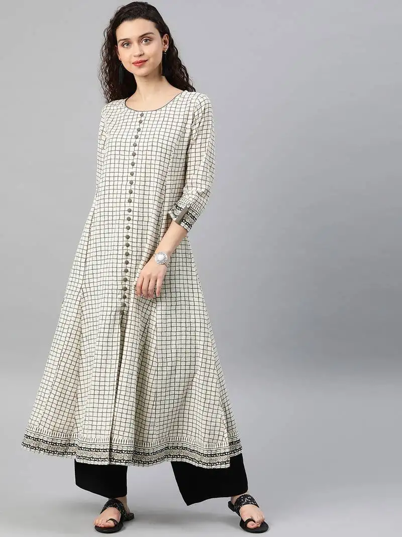 Women's cotton slub checks print anarkali kurta (white)