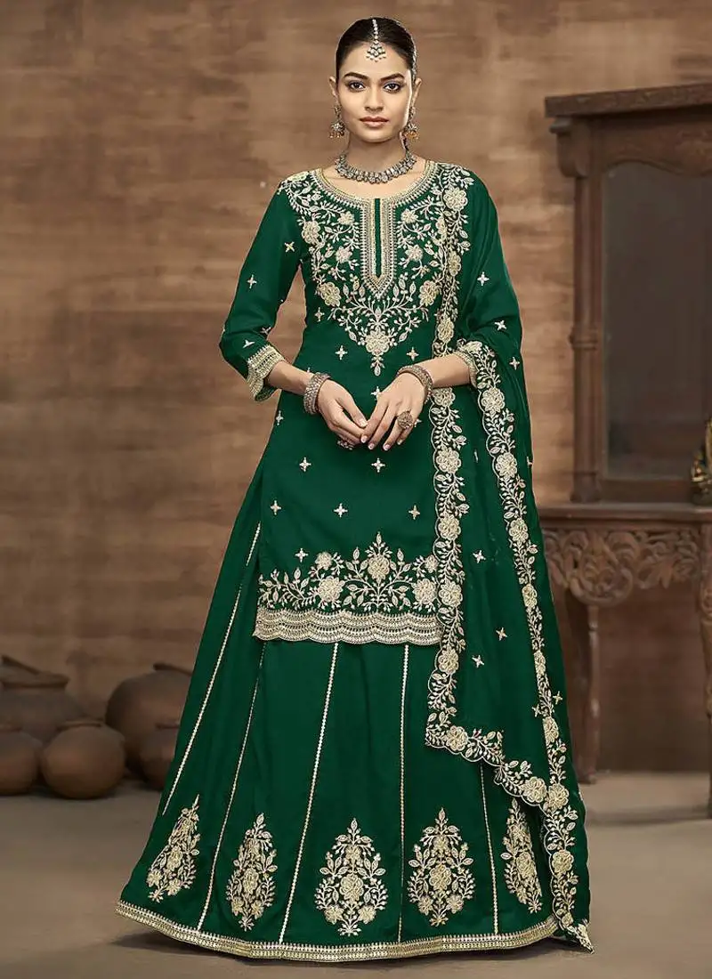 Green embroidered silk free size full stitched suit