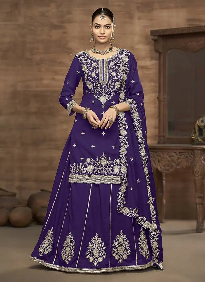 Purple embroidered silk free size full stitched suit