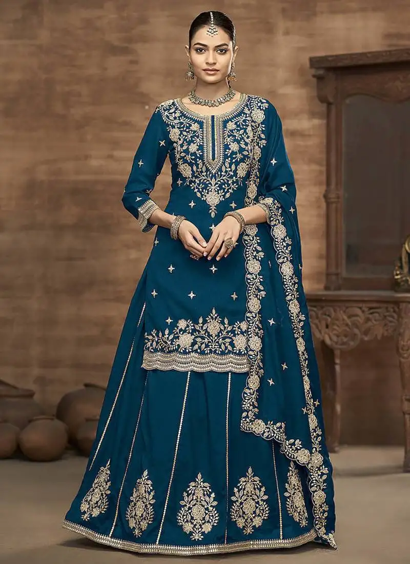 Teal blue embroidered silk free size full stitched suit