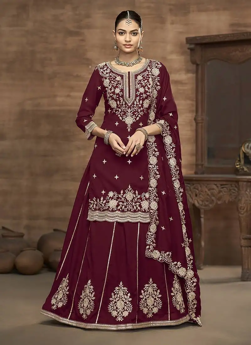 Maroon embroidered silk free size full stitched suit