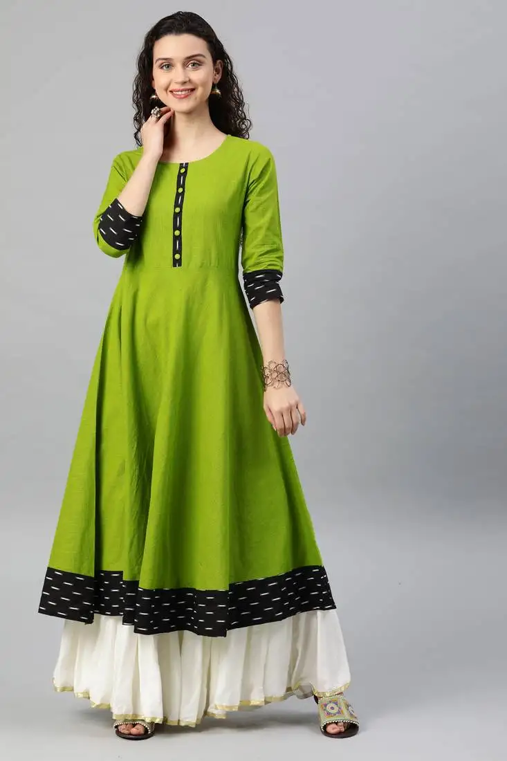 Women's cotton slub printed anarkali kurta (green)