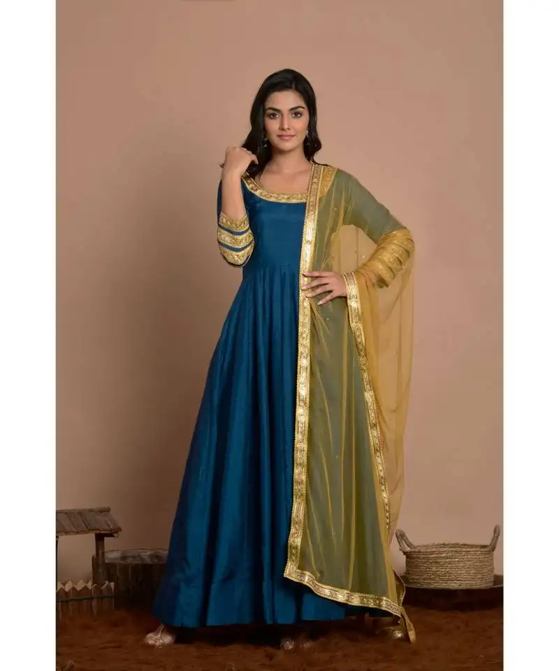 Blue anarkali with golden net dupatta