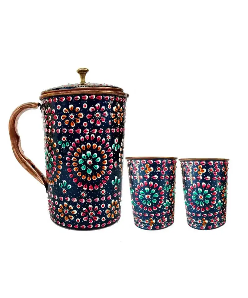 Pure copper one jug with two glass drink ware set hand painted outer side