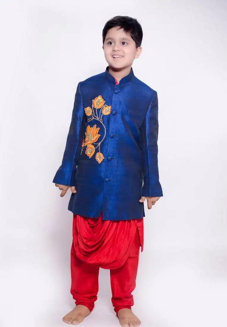 Red kurta pyjama with lotus cowl achkan set for boys