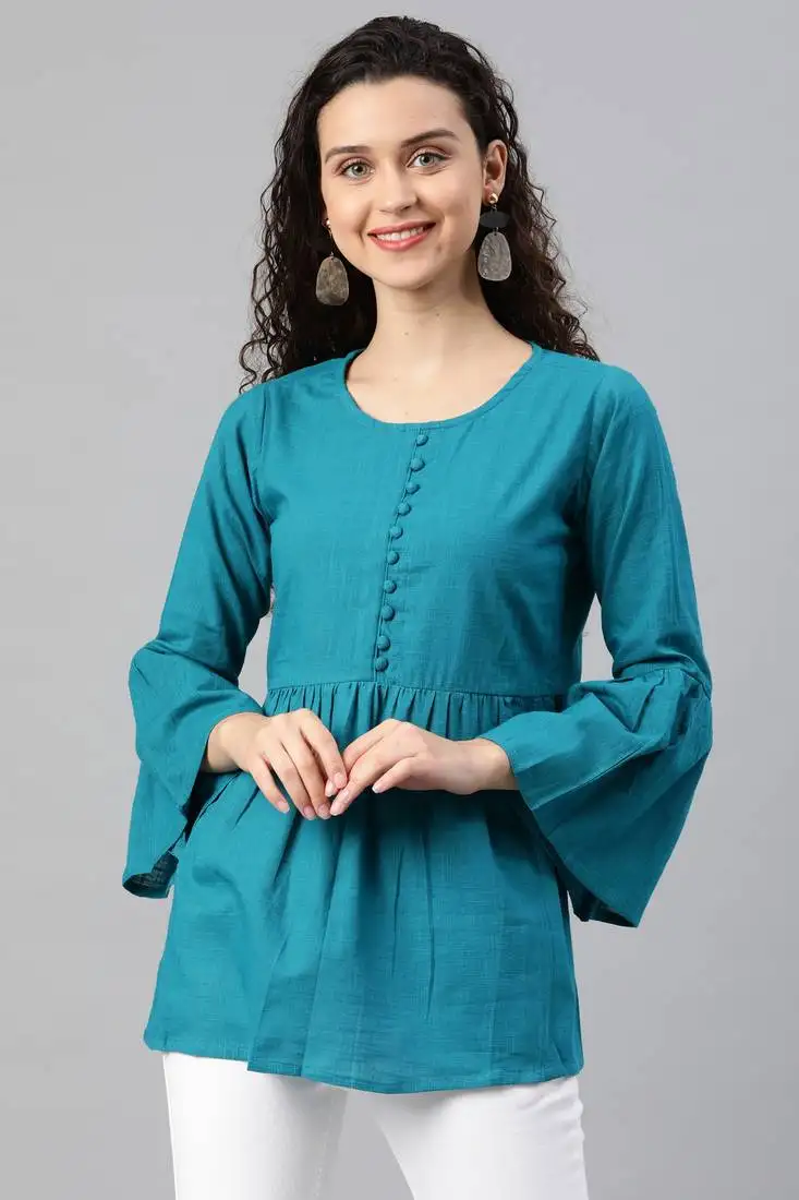 Women's green cotton slub solid regular top