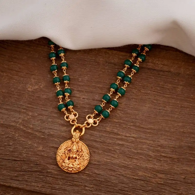 Double line jade necklace 26" length with laxmi coin pendant one gram gold