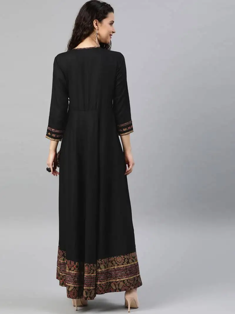 Women's rayon printed angrakha style anarkali kurta (black)